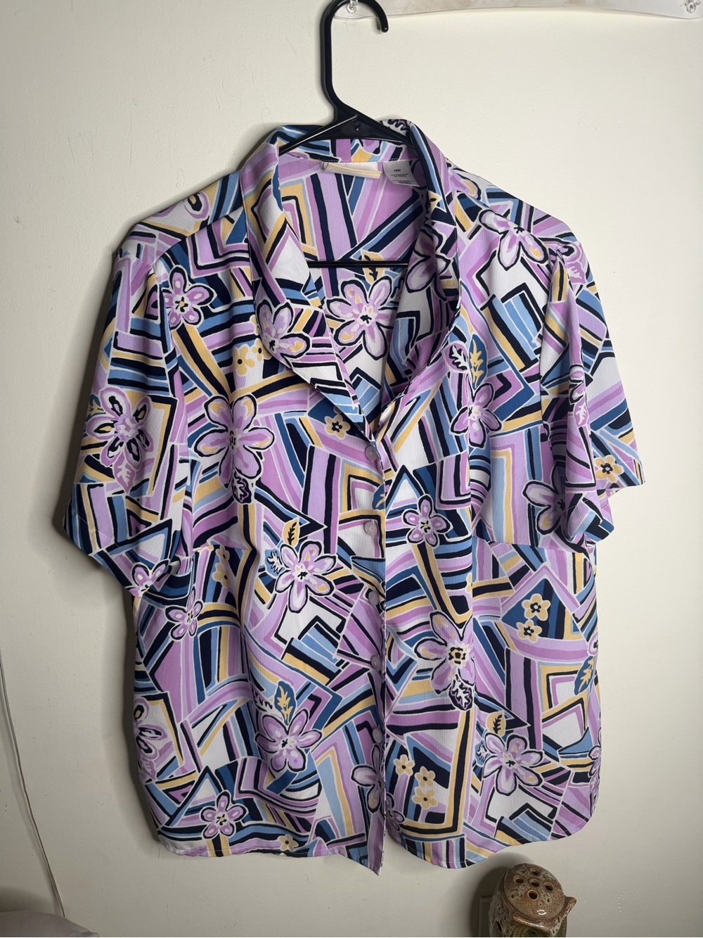 Alfred Dunner Lavender Multi Floral Geometric Button-Down Shirt